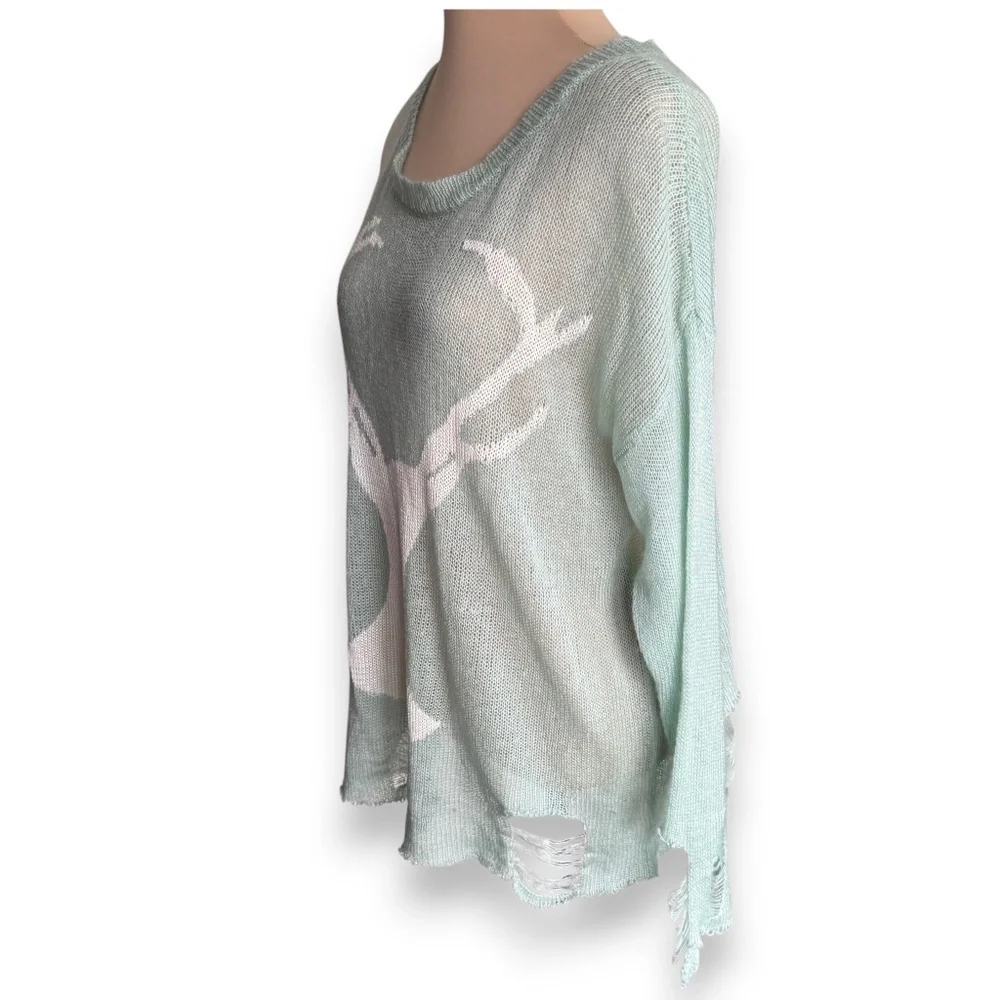 ROMWE mint distressed deer sweater sheer knit long sleeve